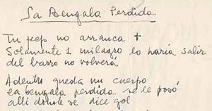 Manuscrito del Flaco Spinetta con la letra de La Bengala Perdida. 